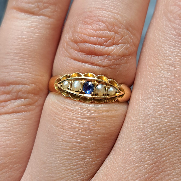 The Antique 1897 Sapphire and Pearl Boat Ring - Antique Jewellers