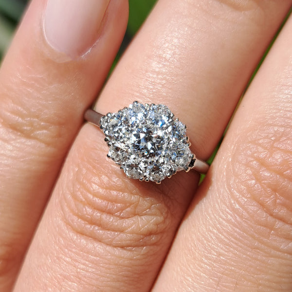 The Antique Platinum Brilliant Cut Diamond Cluster Ring