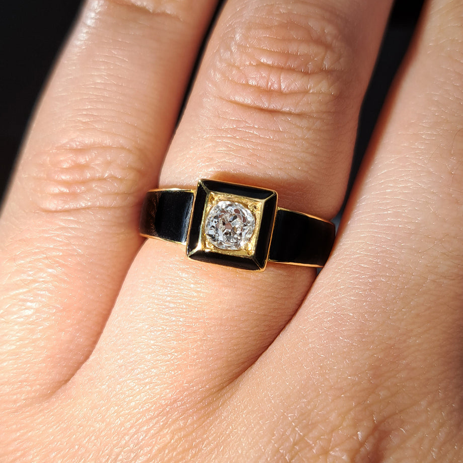 The Antique Black Enamel and Cushion Cut Diamond Mourning Ring