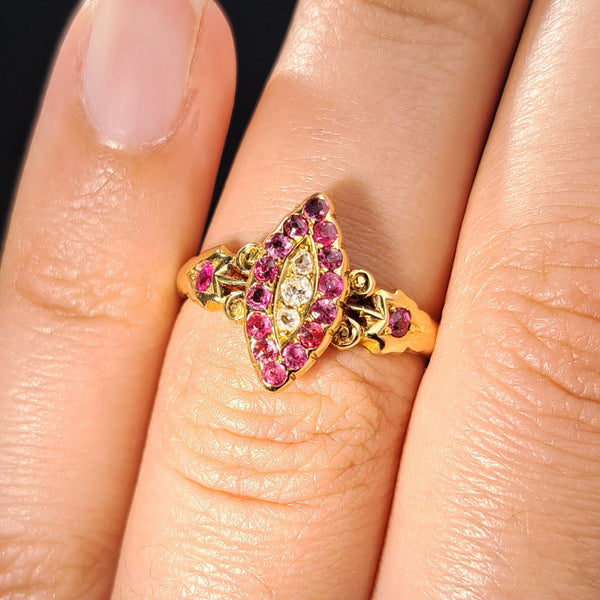 The Antique 1901 Ruby and Old Cut Diamond Navette Ring