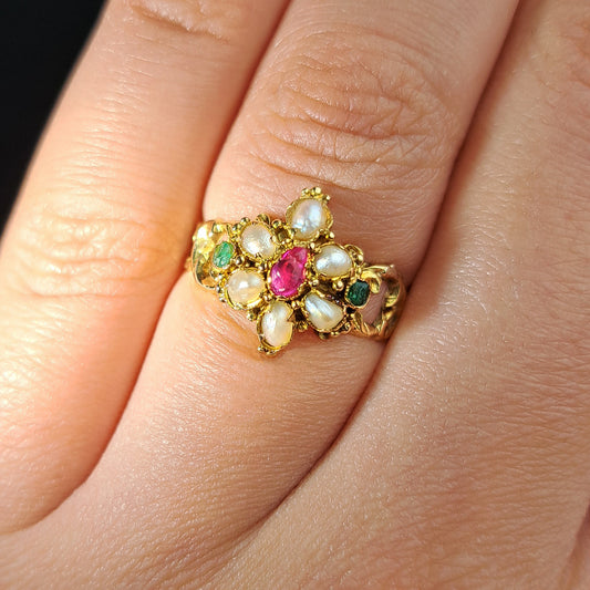 The Antique Victorian Ruby, Pearl and Emerald Daisy Ring