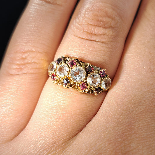 The Antique 1872 Garnet and Rock Quartz Ornate Ring