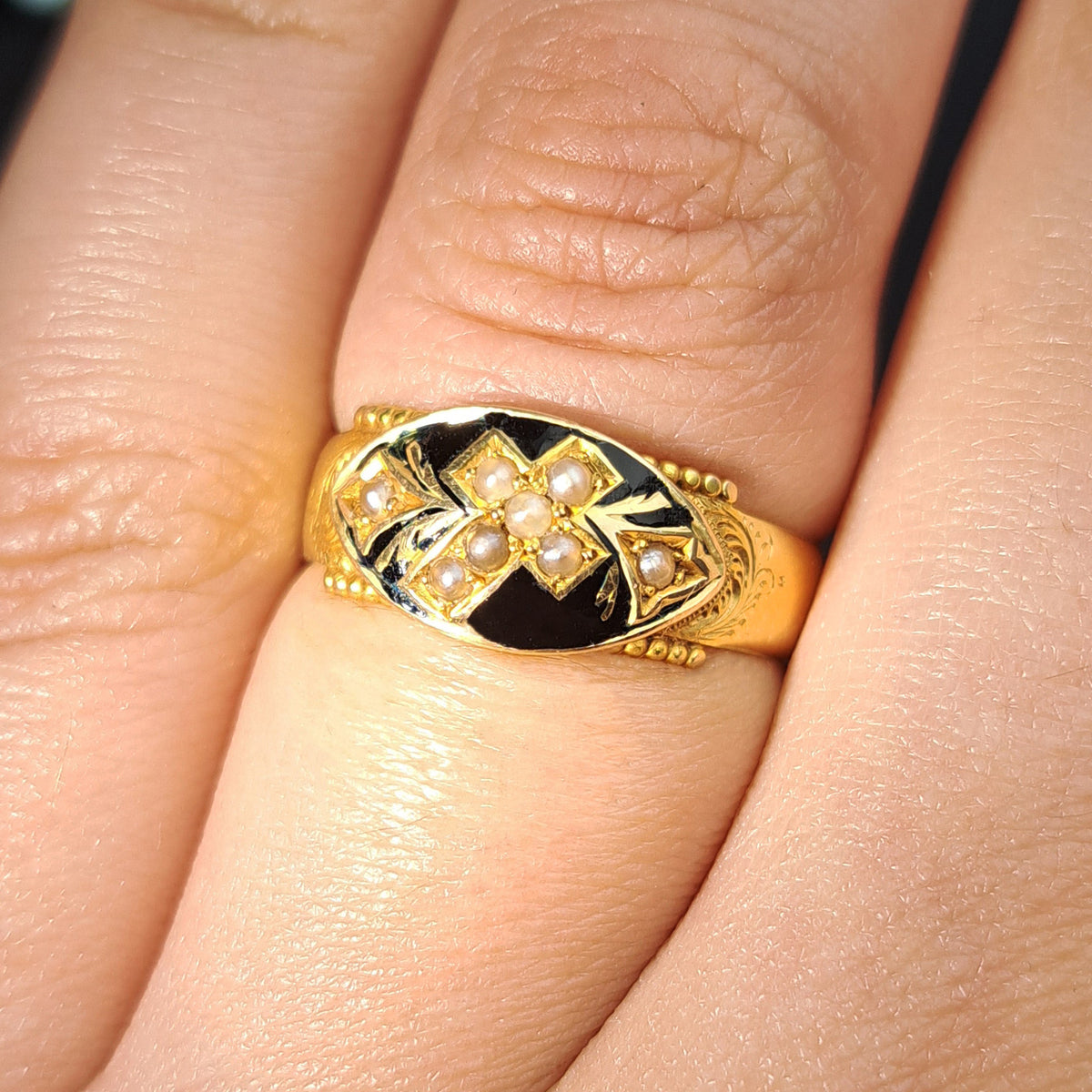 The Antique 1914 Pearl and Enamel Cross Ring
