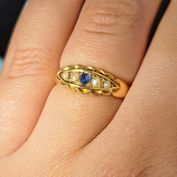 The Antique 1897 Sapphire and Pearl Boat Ring