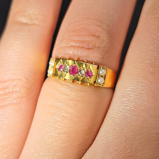 The Antique Victorian 1879 Ruby, Pearl and Rose Cut Diamond Ring