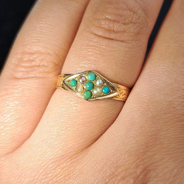 The Antique 1873 Victorian Turquoise and Pearl Engraved Ring