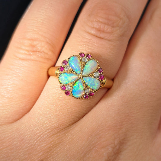 The Vintage Opal, Ruby and Diamond Cluster Bloom Ring