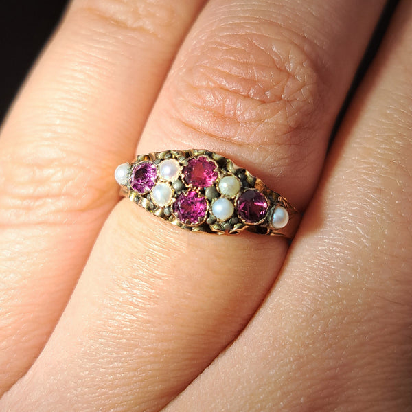 The Antique Victorian 1875 Almandine Garnet and Seed Pearl Ring