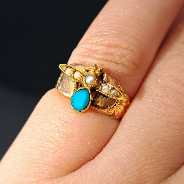 The Antique Early 20th Century Turquoise and Split Pearl Fly Ring