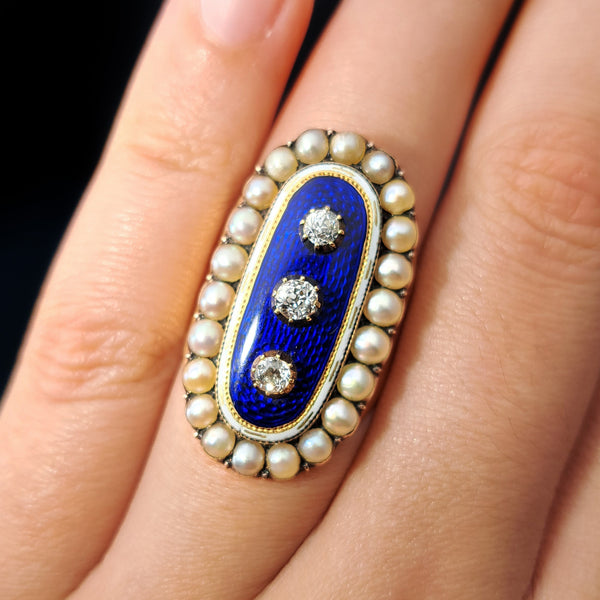 The Antique 1789 Georgian Diamond, Pearl and Enamel Mourning Ring