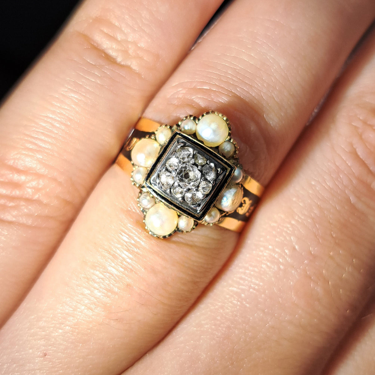 The Antique Georgian 1823 Exquisite Diamond and Pearl Mourning Ring
