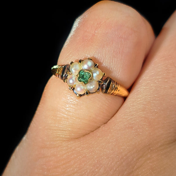 The Antique 18th Century Emerald and Pearl Graceful Cluster Ring