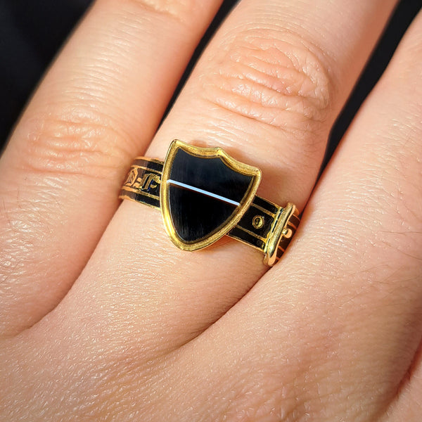 The Antique Victorian 1867 Banded Onyx Buckle Mourning Ring