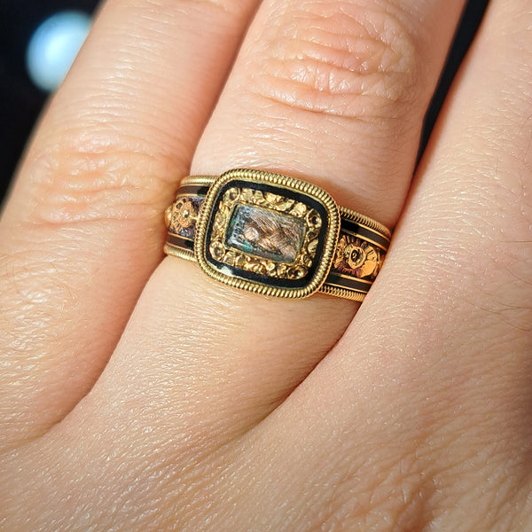 The Antique Georgian 1820 Hairwork and Enamel Mourning Ring