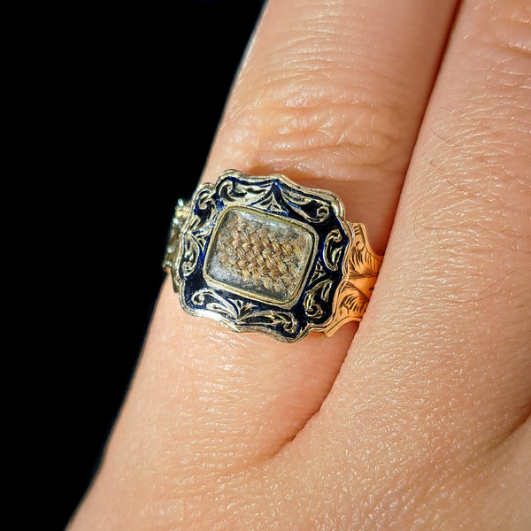 The Antique Victorian 1864 Enamel and Hairwork 9ct Gold Mourning Ring