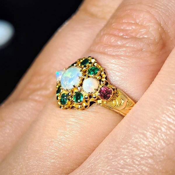 The Antique Victorian 1871 Opal, Emerald and Garnet Juicy Ring