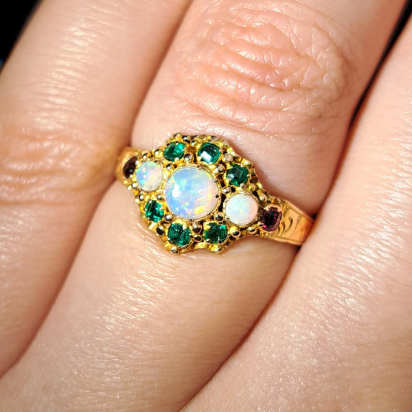 The Antique Victorian 1871 Opal, Emerald and Garnet Juicy Ring