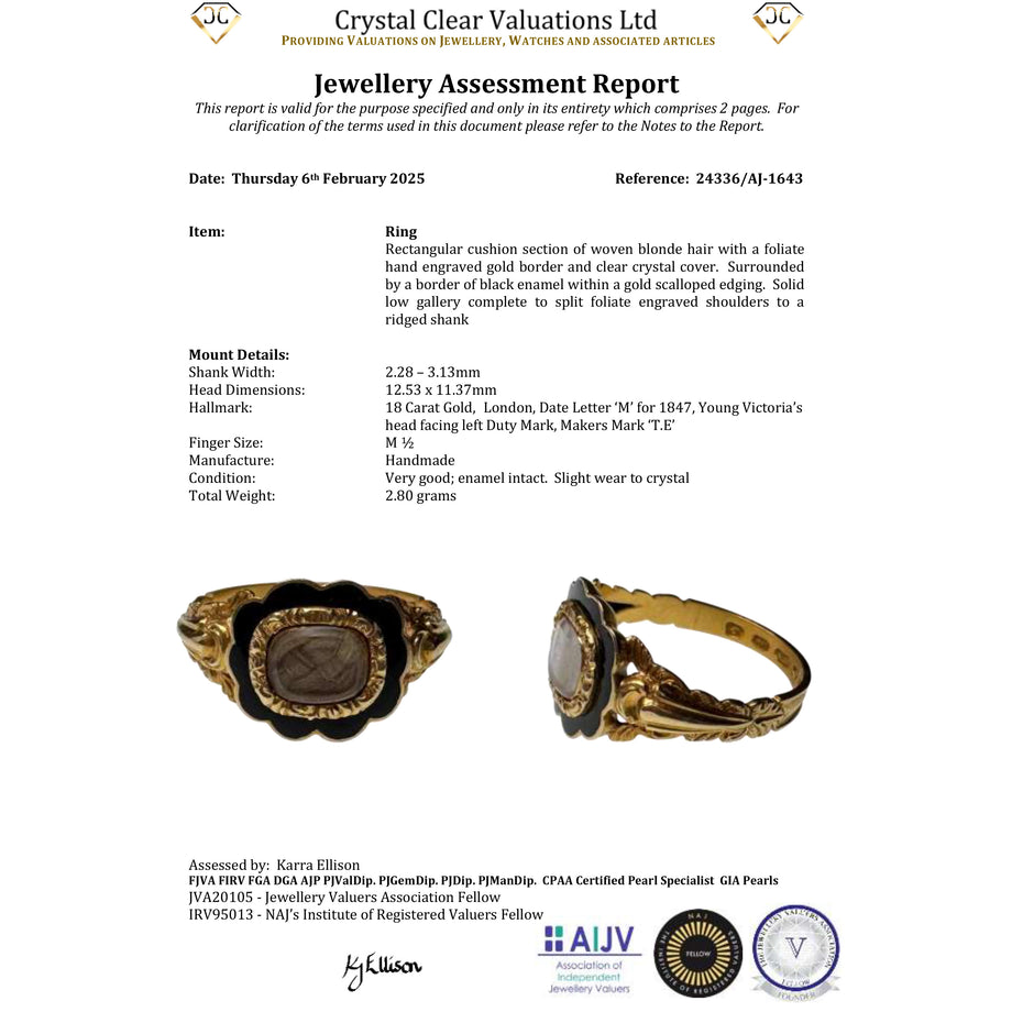 The Antique Victorian 1847 18ct Gold Blonde Hair Mourning Ring