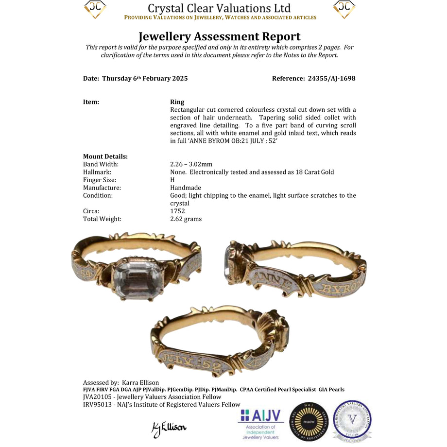 The Antique 1752 Georgian Hairwork Crystal Mourning Ring