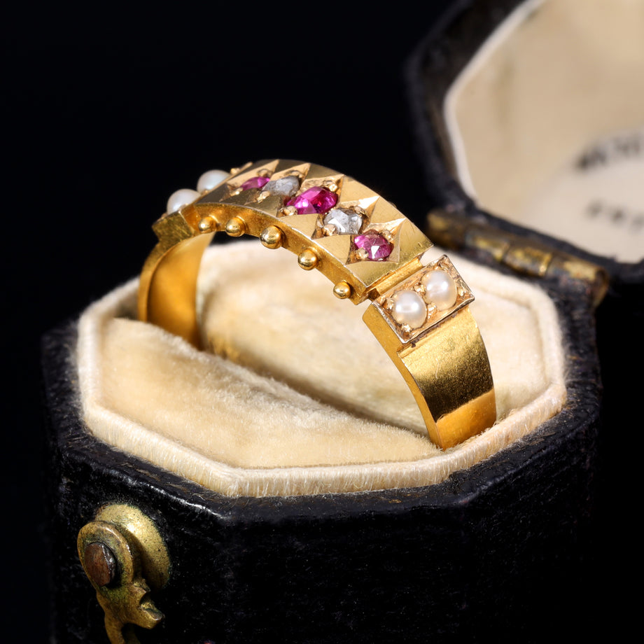 The Antique Victorian 1879 Ruby, Pearl and Rose Cut Diamond Ring