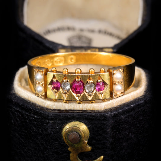 The Antique Victorian 1879 Ruby, Pearl and Rose Cut Diamond Ring