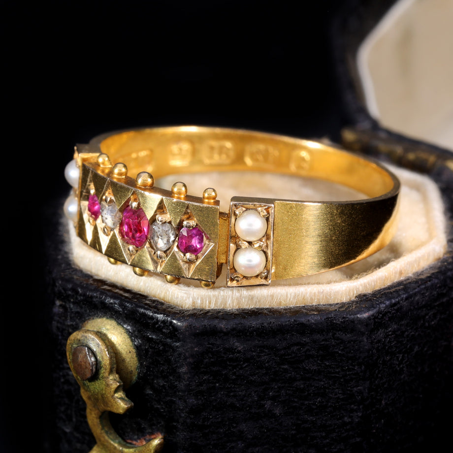 The Antique Victorian 1879 Ruby, Pearl and Rose Cut Diamond Ring