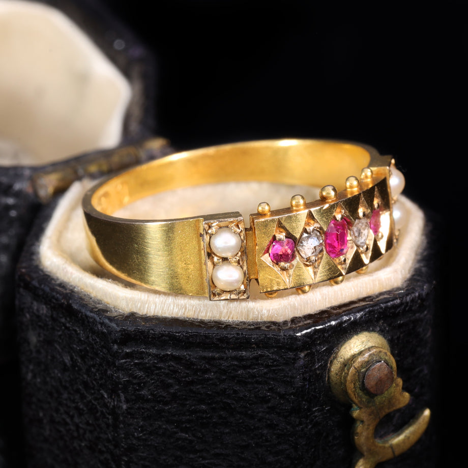 The Antique Victorian 1879 Ruby, Pearl and Rose Cut Diamond Ring