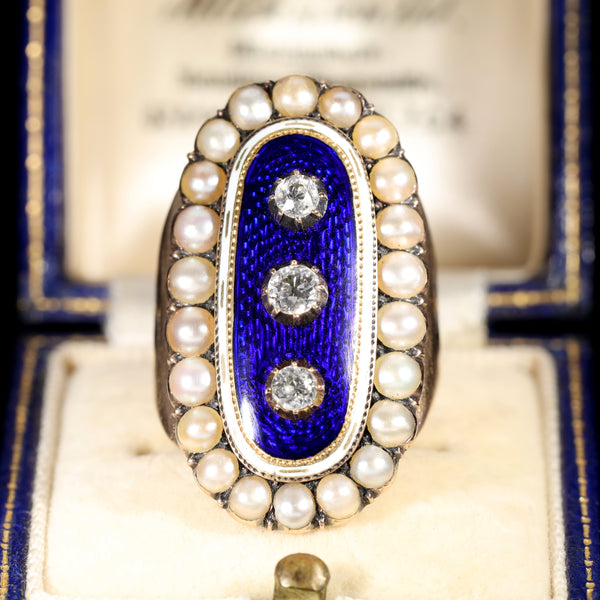 The Antique 1789 Georgian Diamond, Pearl and Enamel Mourning Ring