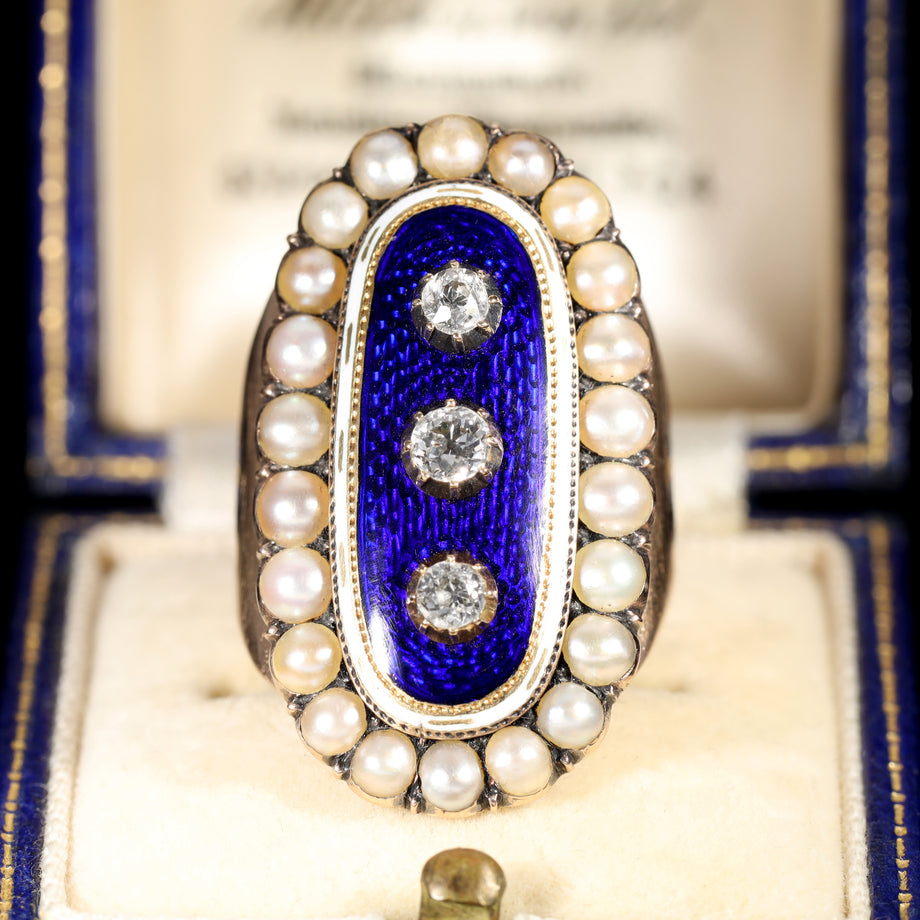 The Antique 1789 Georgian Diamond, Pearl and Enamel Mourning Ring