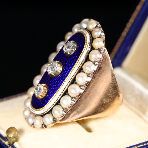 The Antique 1789 Georgian Diamond, Pearl and Enamel Mourning Ring