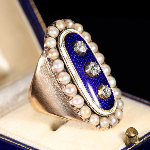 The Antique 1789 Georgian Diamond, Pearl and Enamel Mourning Ring