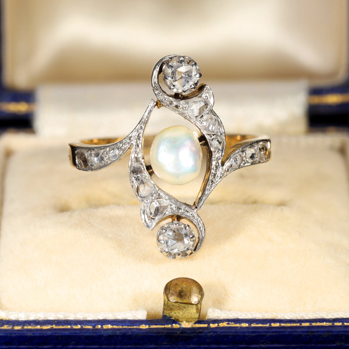The Antique 1917 Baroque Pearl and Rose Cut Diamond Elaborate Ring