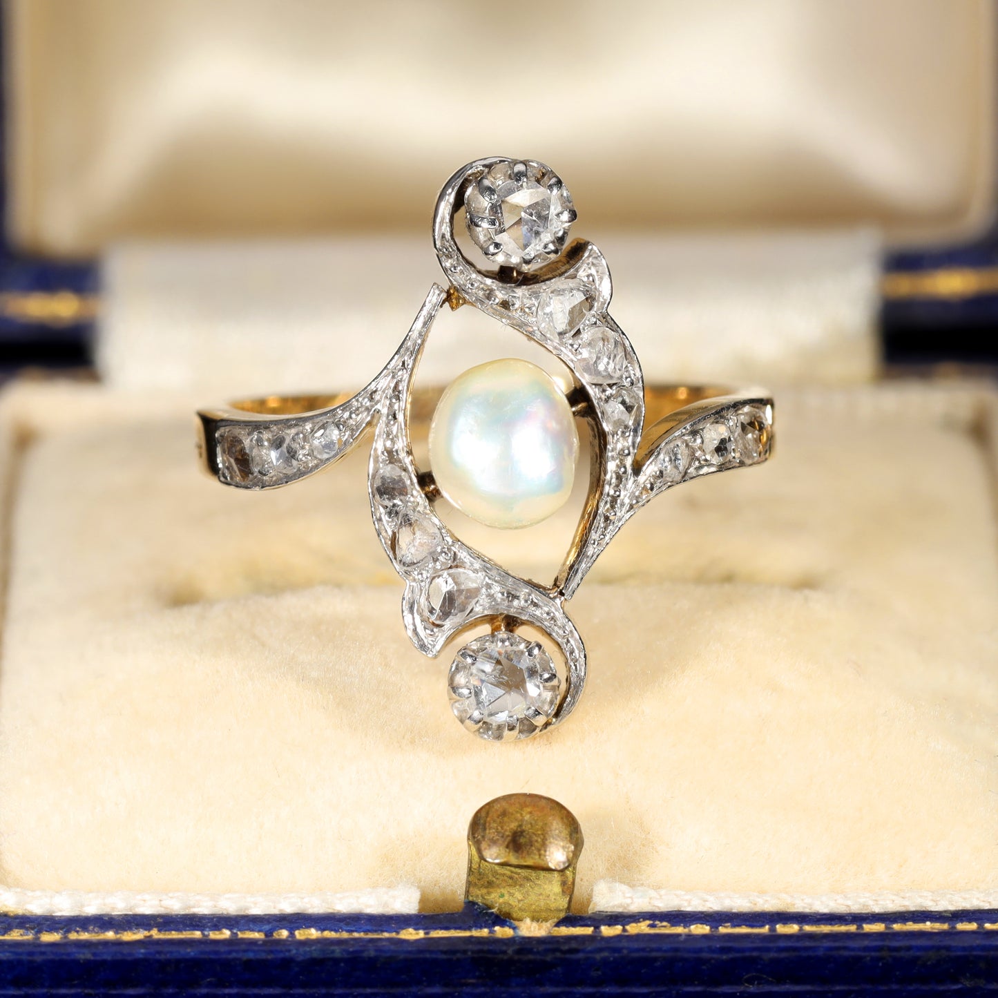 The Antique 1917 Baroque Pearl and Rose Cut Diamond Elaborate Ring
