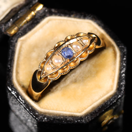 The Antique 1897 Sapphire and Pearl Boat Ring