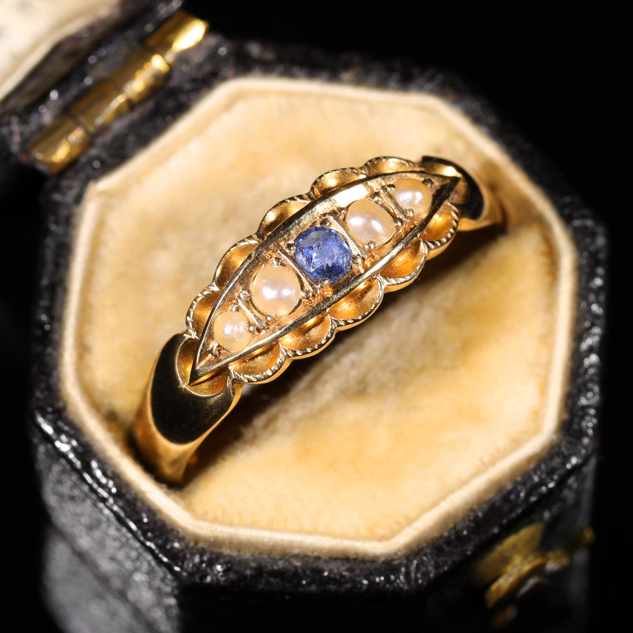 The Antique 1897 Sapphire and Pearl Boat Ring