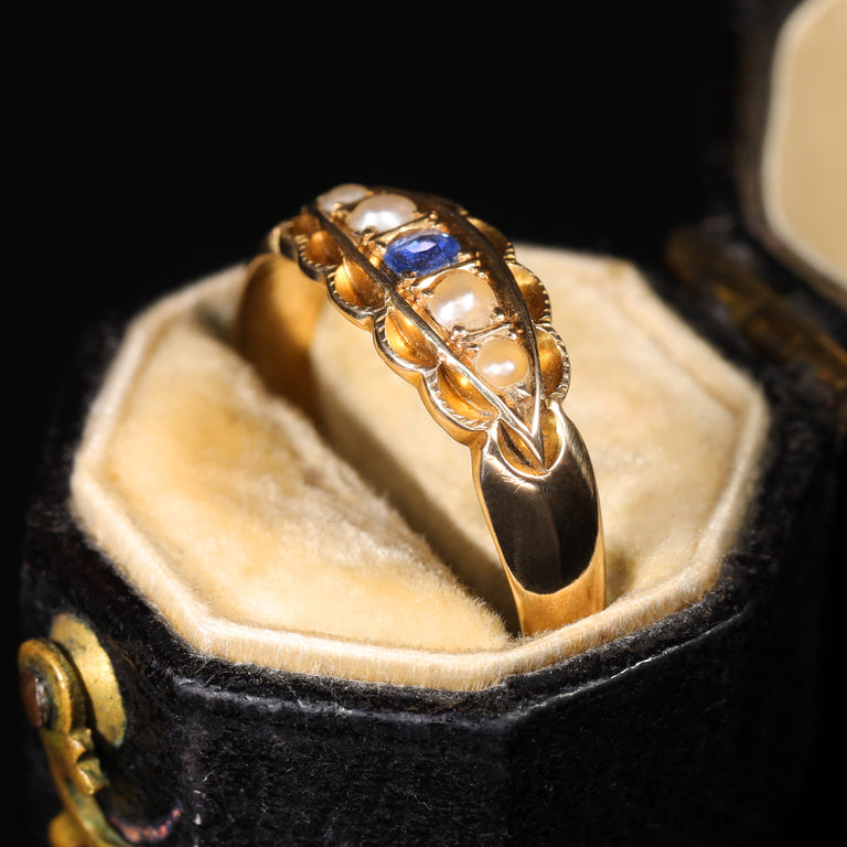 The Antique 1897 Sapphire and Pearl Boat Ring