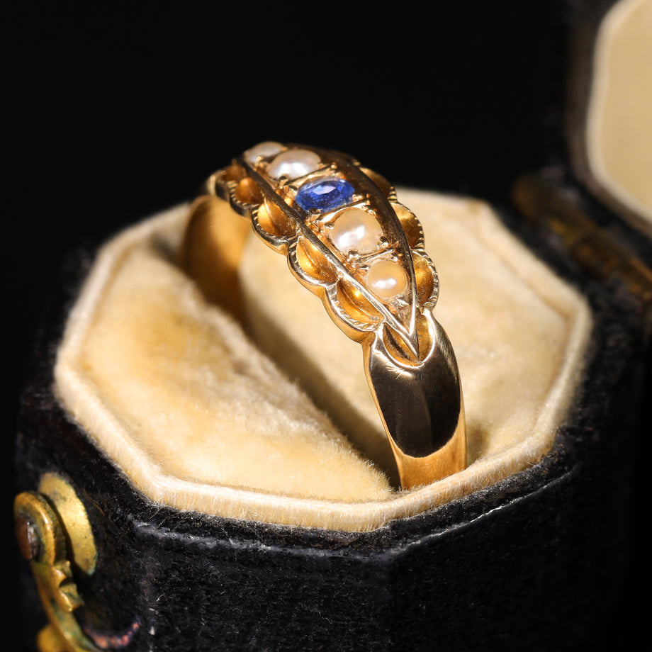 The Antique 1897 Sapphire and Pearl Boat Ring