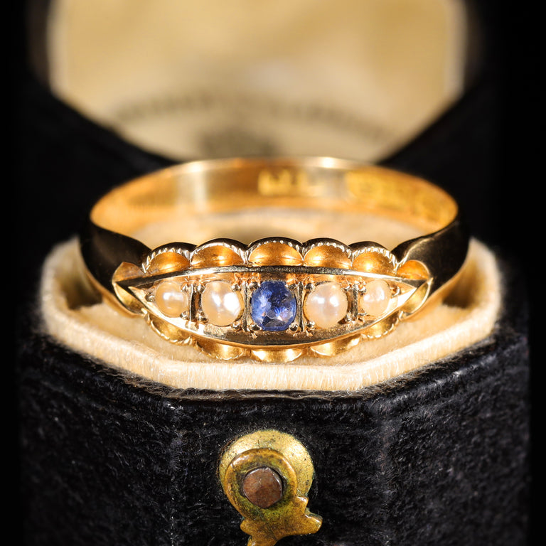 The Antique 1897 Sapphire and Pearl Boat Ring