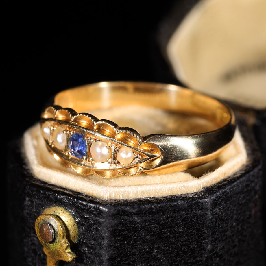 The Antique 1897 Sapphire and Pearl Boat Ring