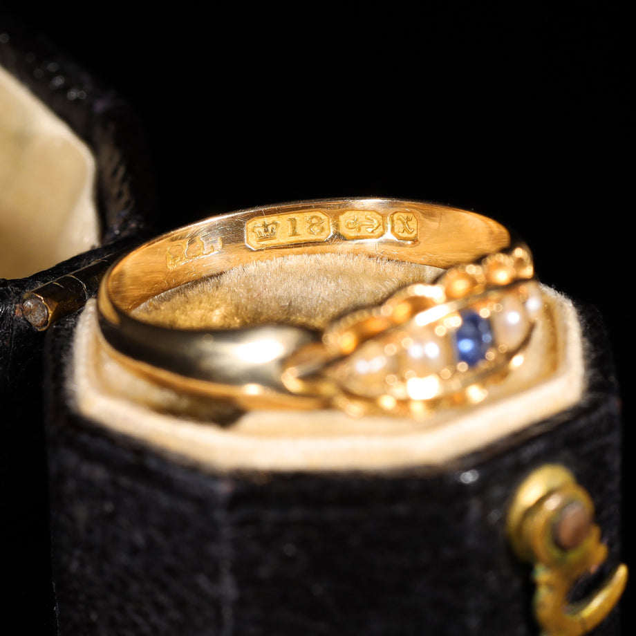The Antique 1897 Sapphire and Pearl Boat Ring