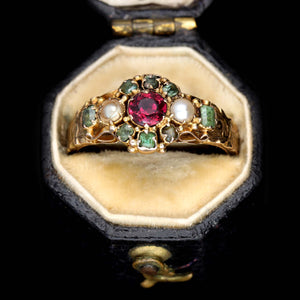 The Antique Victorian Ruby, Emerald and Pearl Cluster Ring - Antique Jewellers