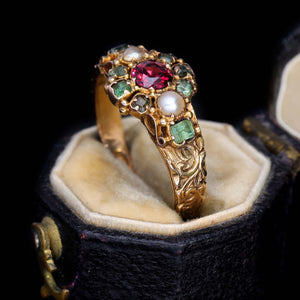 The Antique Victorian Ruby, Emerald and Pearl Cluster Ring - Antique Jewellers