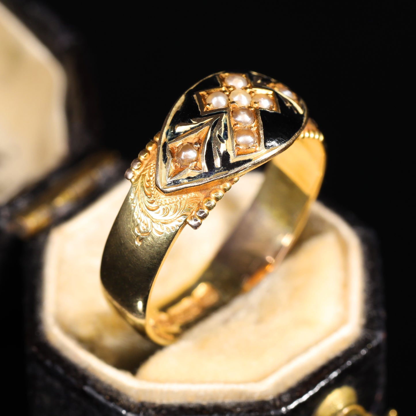 The Antique 1914 Pearl and Enamel Cross Ring