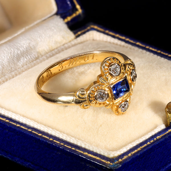 The Antique Victorian Sapphire and Diamond Hand Carved Ring