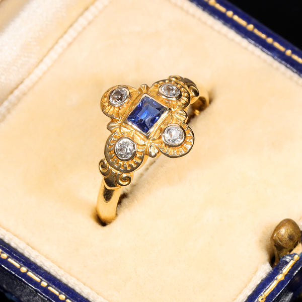 The Antique Victorian Sapphire and Diamond Hand Carved Ring