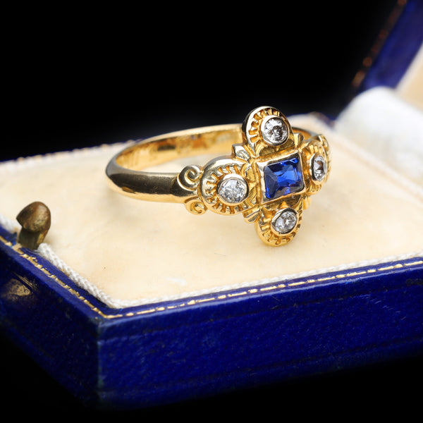 The Antique Victorian Sapphire and Diamond Hand Carved Ring