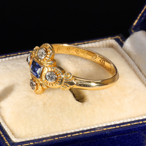 The Antique Victorian Sapphire and Diamond Hand Carved Ring