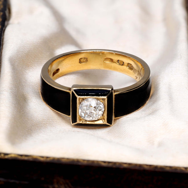 The Antique Black Enamel and Cushion Cut Diamond Mourning Ring