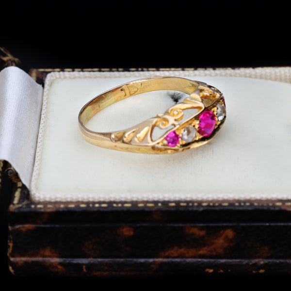 The Antique Victorian Ruby and Diamond Boat Ring - Antique Jewellers