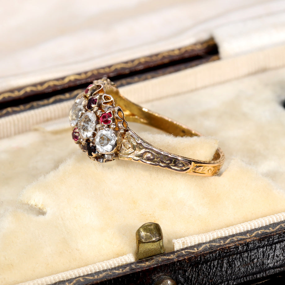 The Antique 1872 Garnet and Rock Quartz Ornate Ring - Antique Jewellers